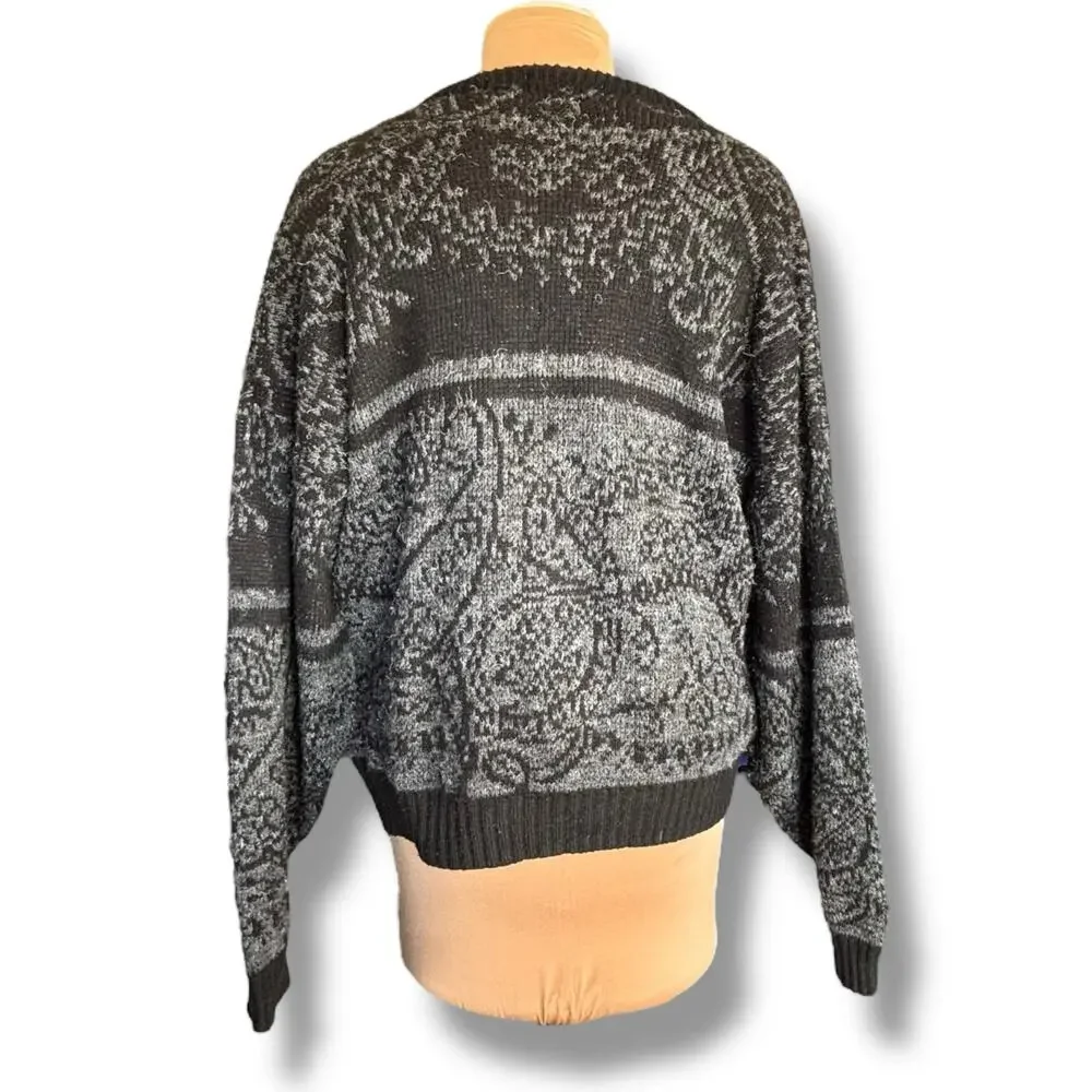 Vintage 90s Black Gray Floral Tapestry Knit Pullover Sweater Made in USA XL‎
